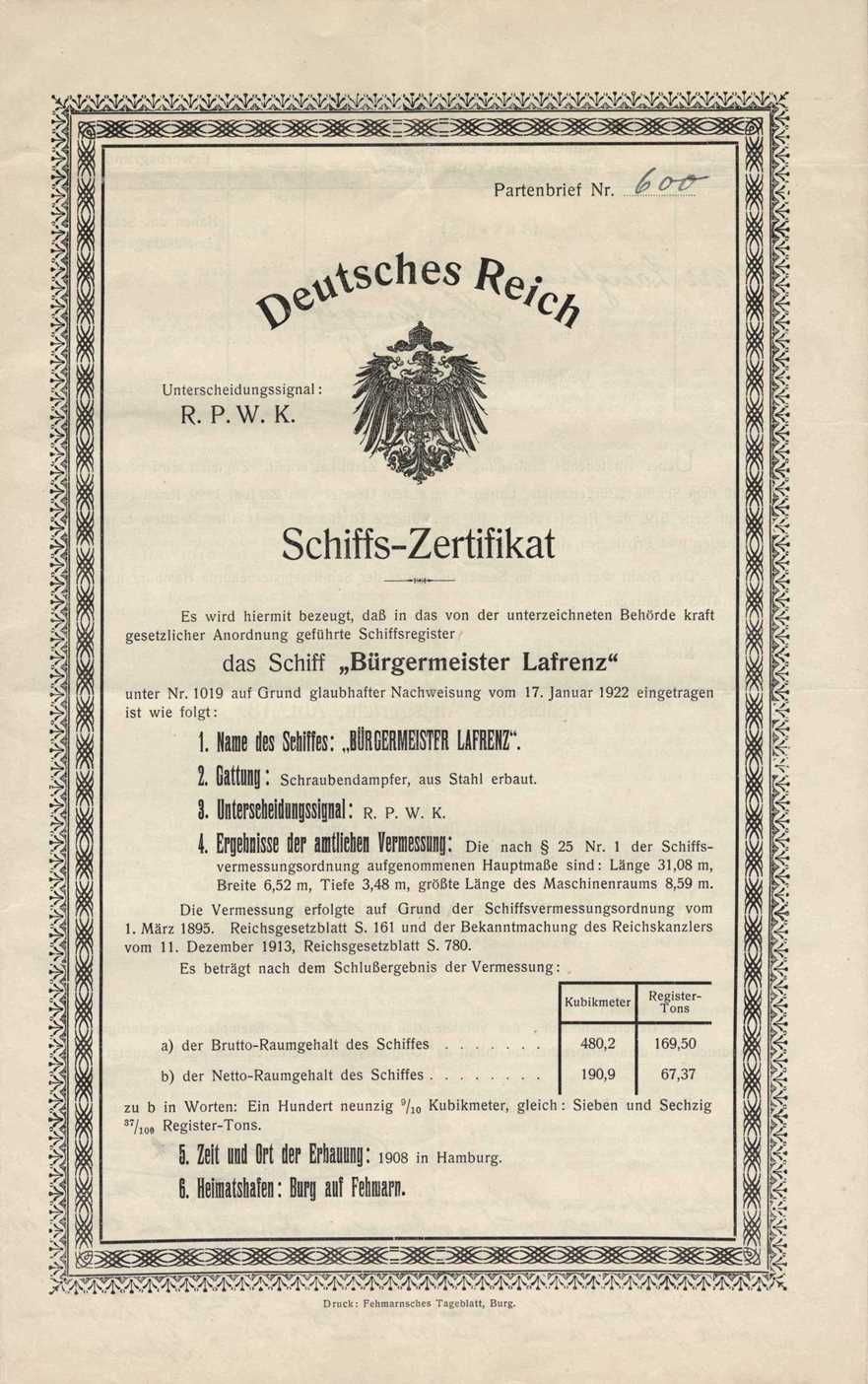 Schraubendampfschiff aus Stahl Brgermeister Lafrenz