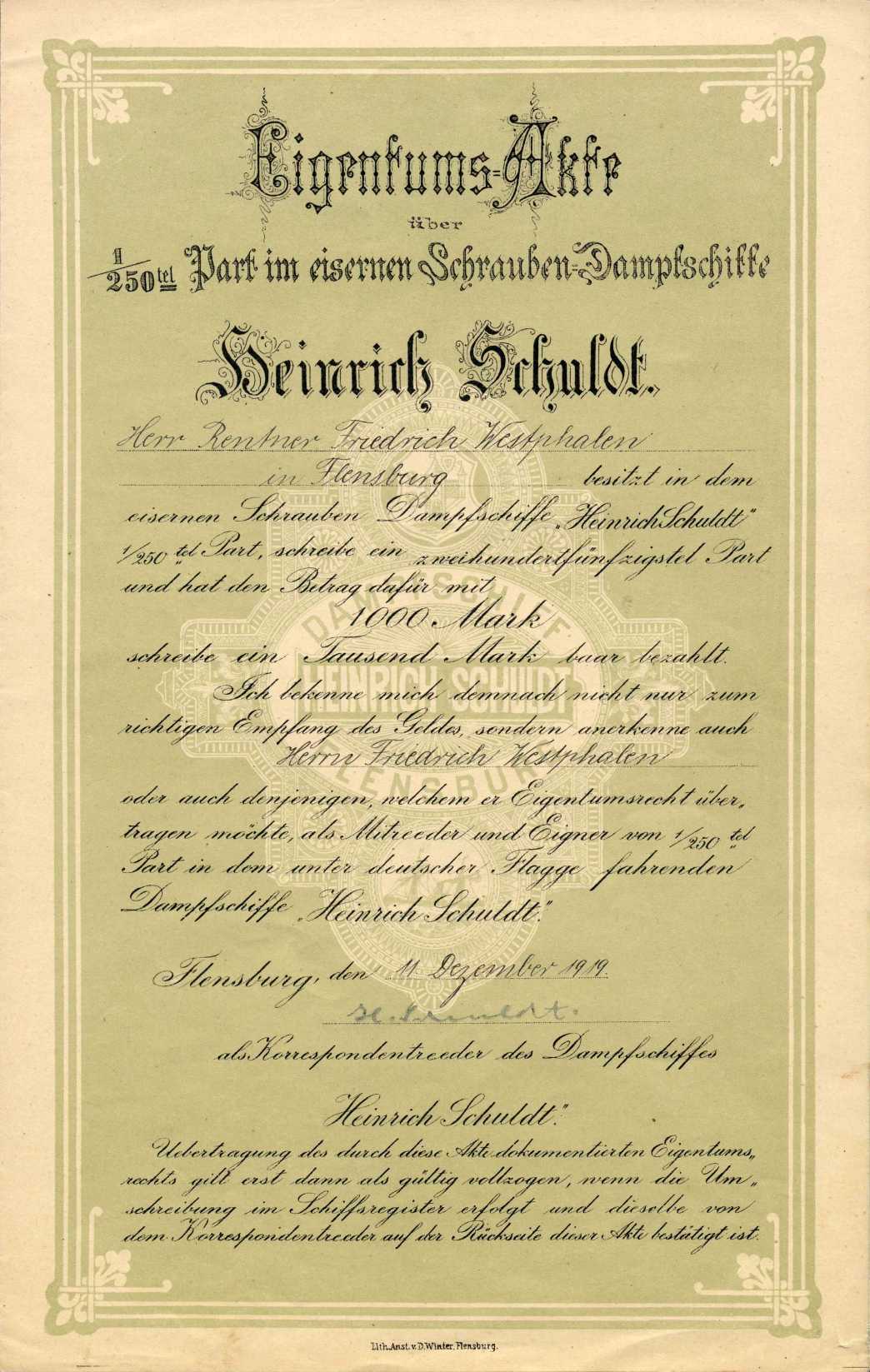 Eisernes Schrauben-Dampfschiff Heinrich Schuldt